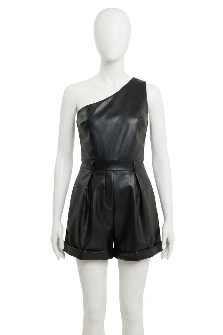 NEW ENDLESS ROSE faux leather one shoulder romper in black